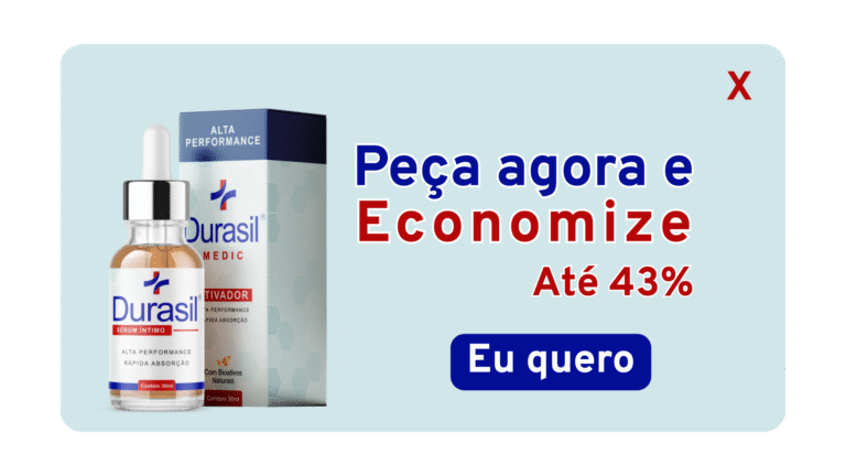 Frasco e embalagem do sérum Durasil exibidos ao lado da frase promocional “Peça agora e economize até 43%”.